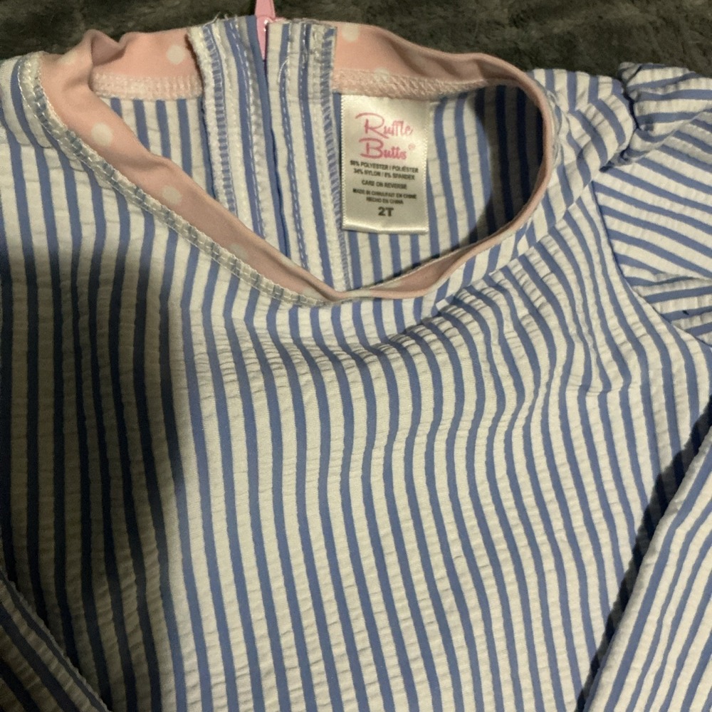 RuffleButts Baby Swimsuit 2T Blue/White/Pink Striped Long Sleeve One‑Piece - Picture 3 of 4